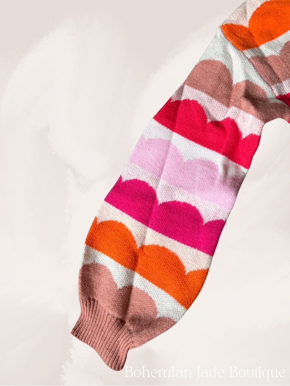 Colorful Scallop Stripe Balloon Sleeve Sweater Pink Orange Women’s Small - Picture 5 of 6
